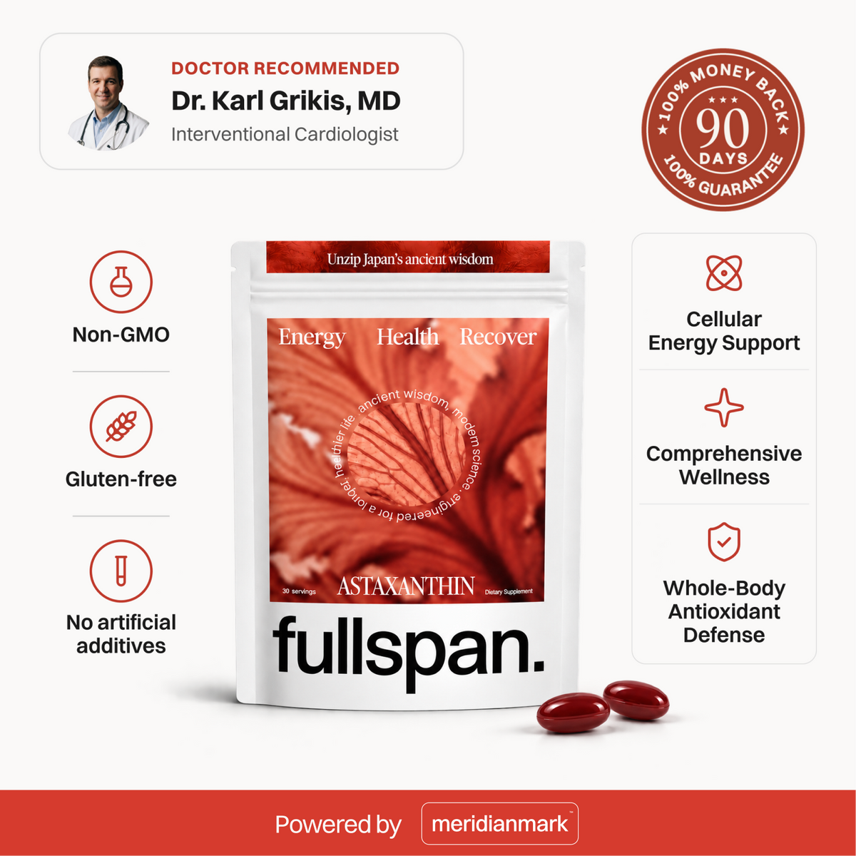 fullspan Astaxanthin pouch, doctor recommended by Dr. Karl Grikis, MD - non-GMO, gluten-free, no artificial additives
