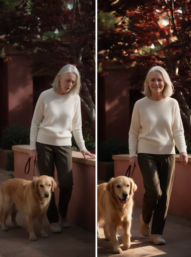 Woman walking her dog, stiff then at ease