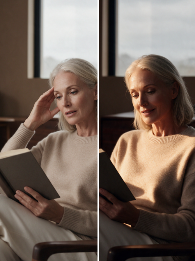 Woman reading, tired then focused