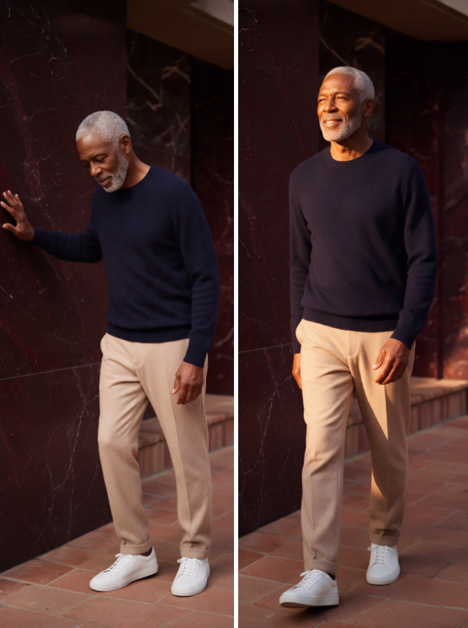 Man leaning on a wall, then walking freely