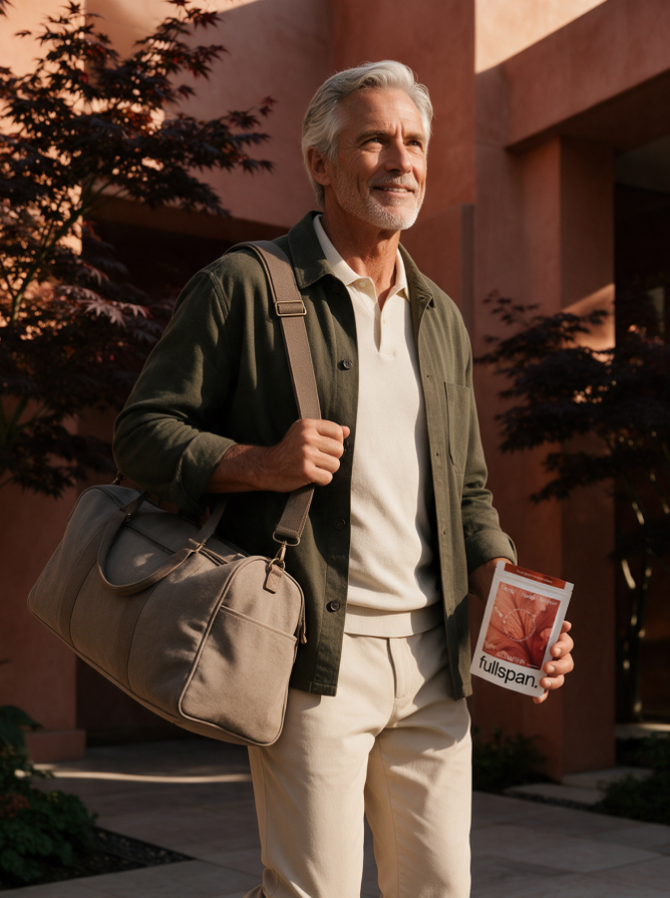 Man outdoors holding a fullspan pouch