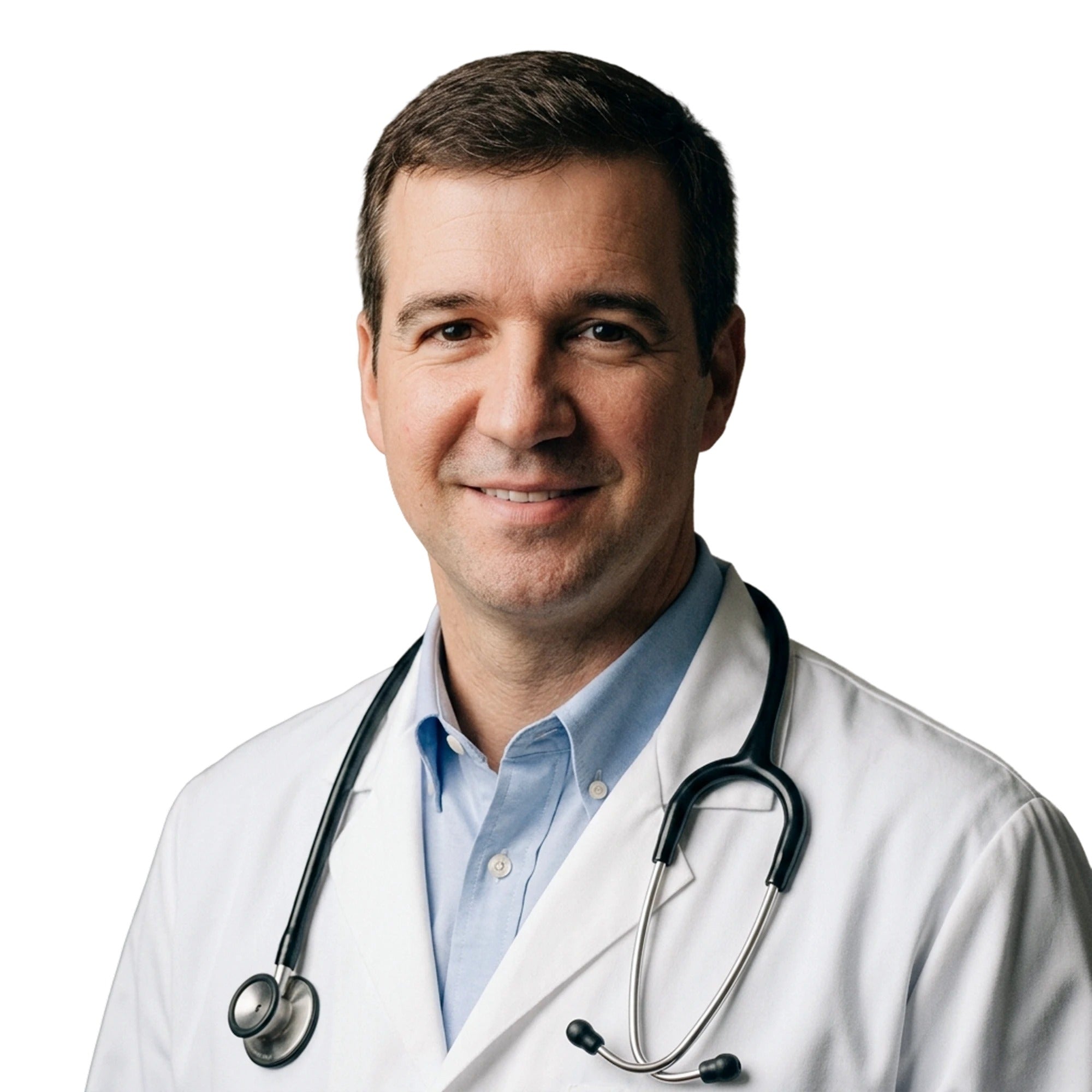 Dr. Karl Grikis in a white coat with a stethoscope