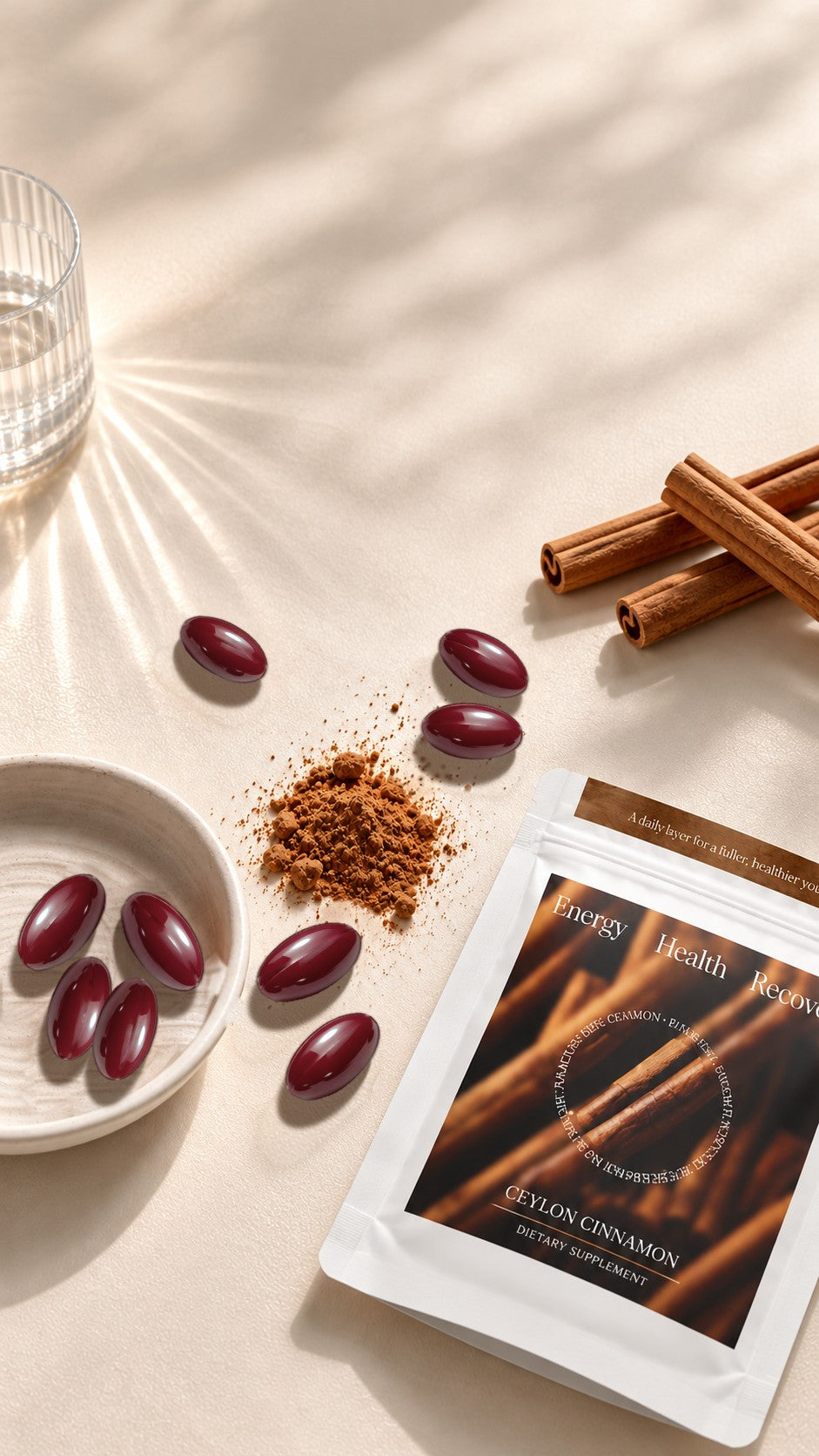 Fullspan Ceylon Cinnamon pouch with softgel capsules, cinnamon sticks and cinnamon powder on a sunlit counter