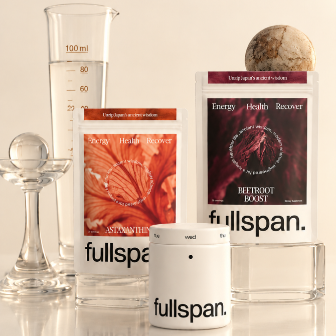 fullspan supplement pouches and jar beside laboratory glassware